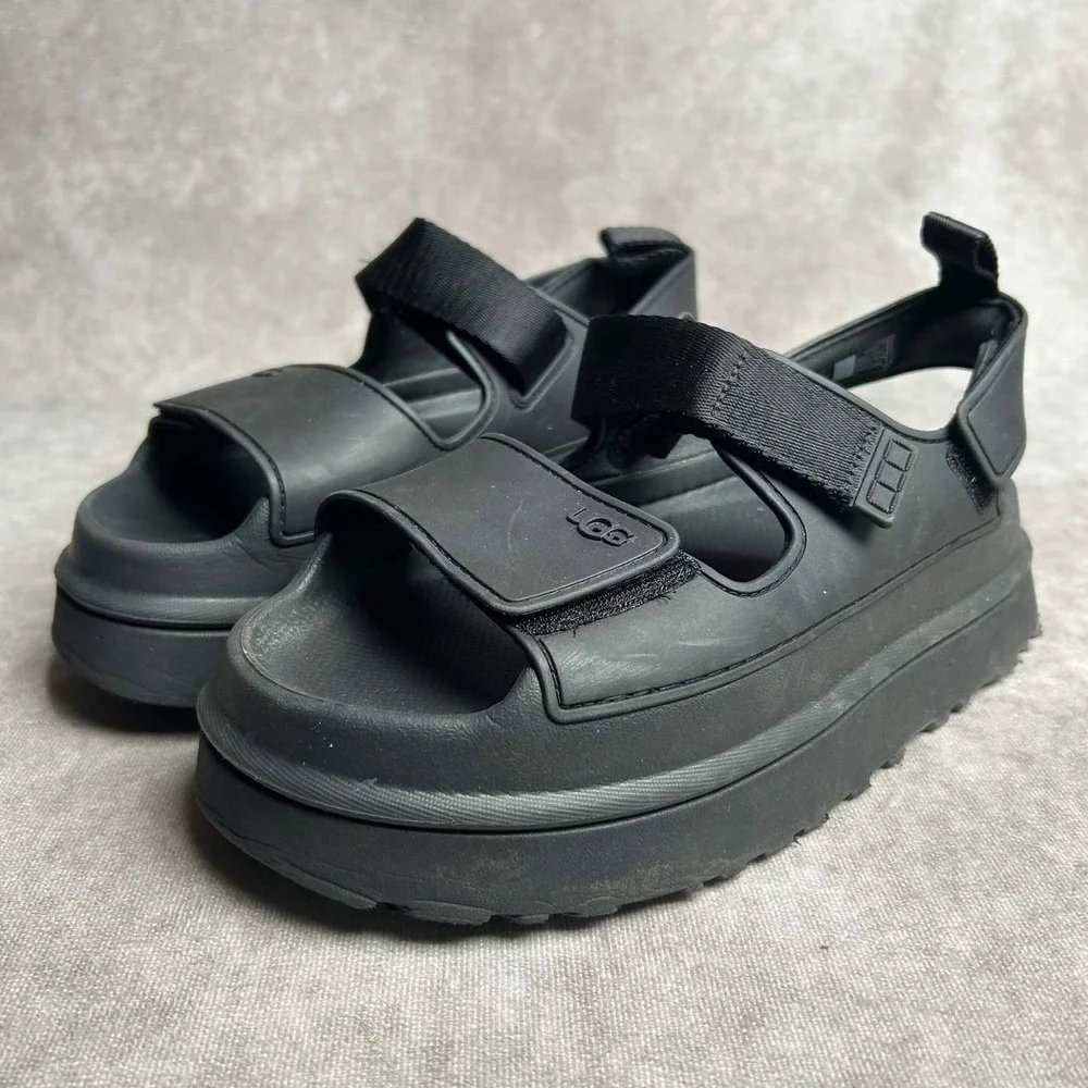 UGG GoldenGlow Black Platform Sandals Water Friendly Chunky Strappy 1152685